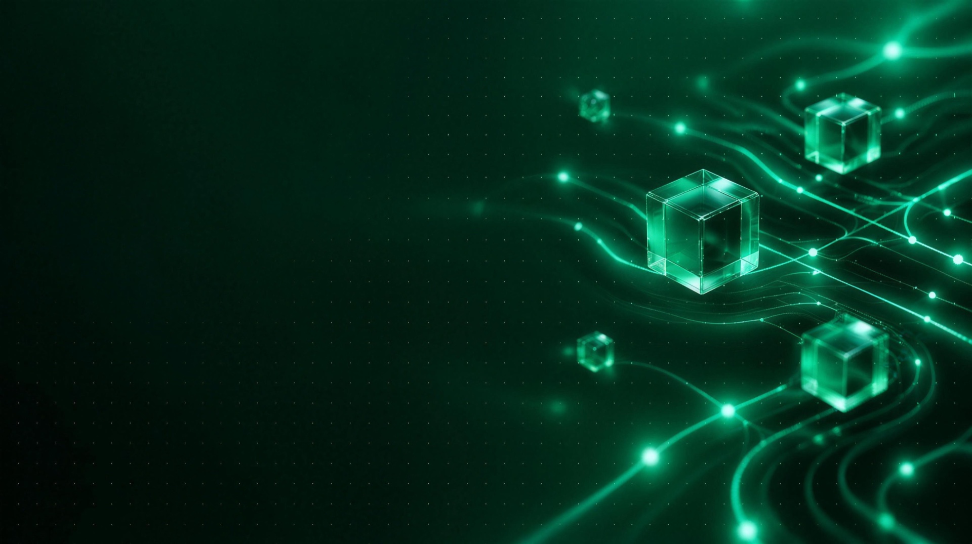 Glowing emerald data network with translucent glass cubes