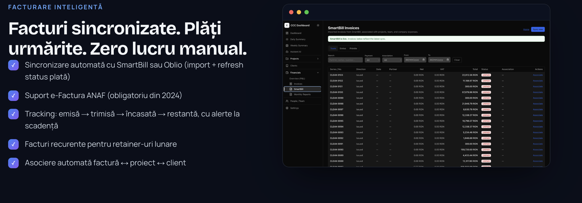 Facturare & CRM - facturi sincronizate, plăți urmărite